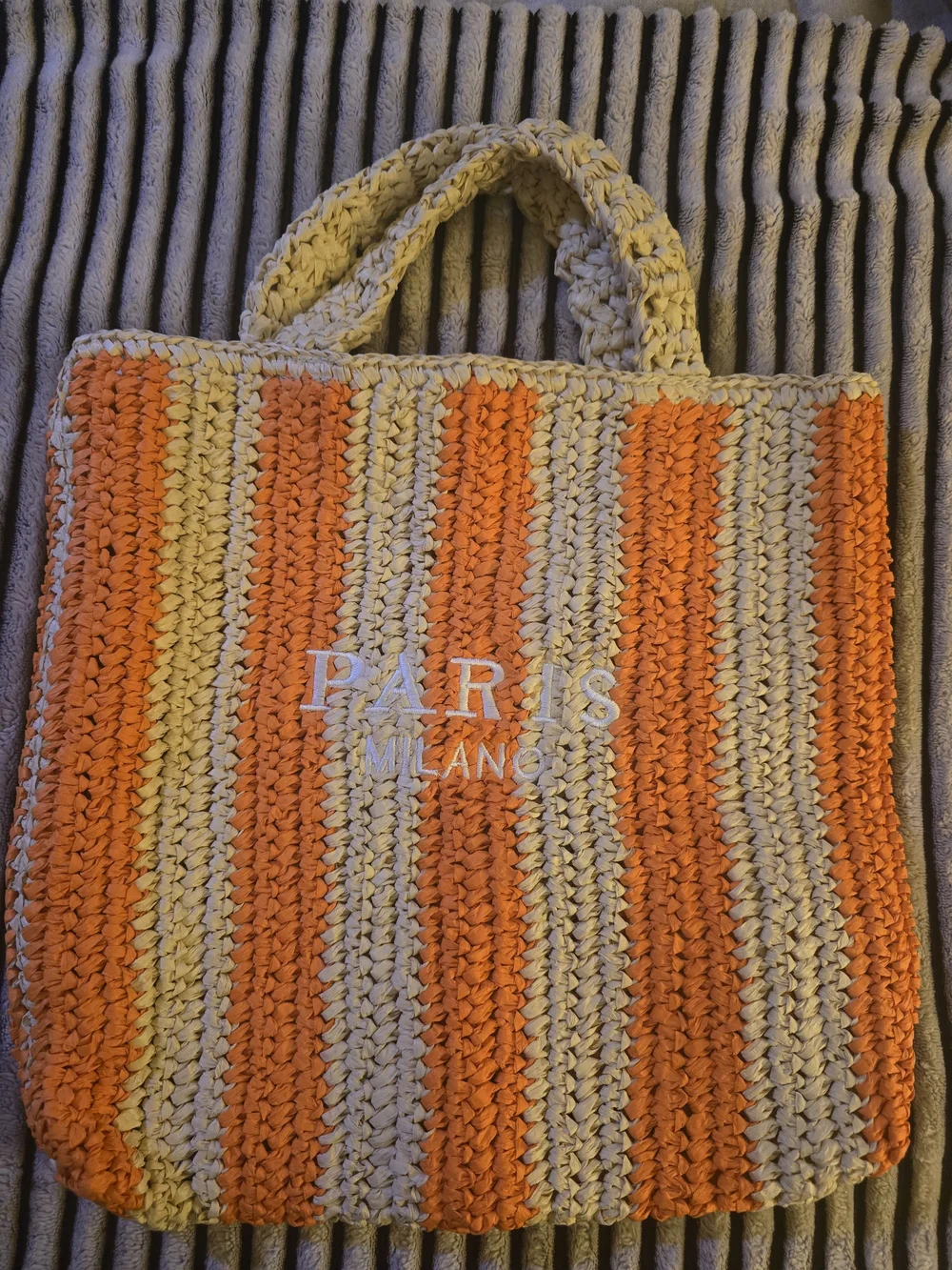 Striped Straw Crochet Tote Bag in Orange and Beige 